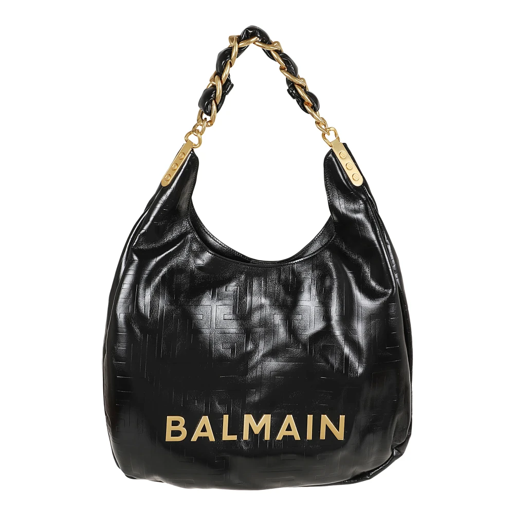 Balmain Grote 1945 Soft Hobo tas in reliëf gekreukt kalfsleer met een PB Labyrint monogram Black Dames