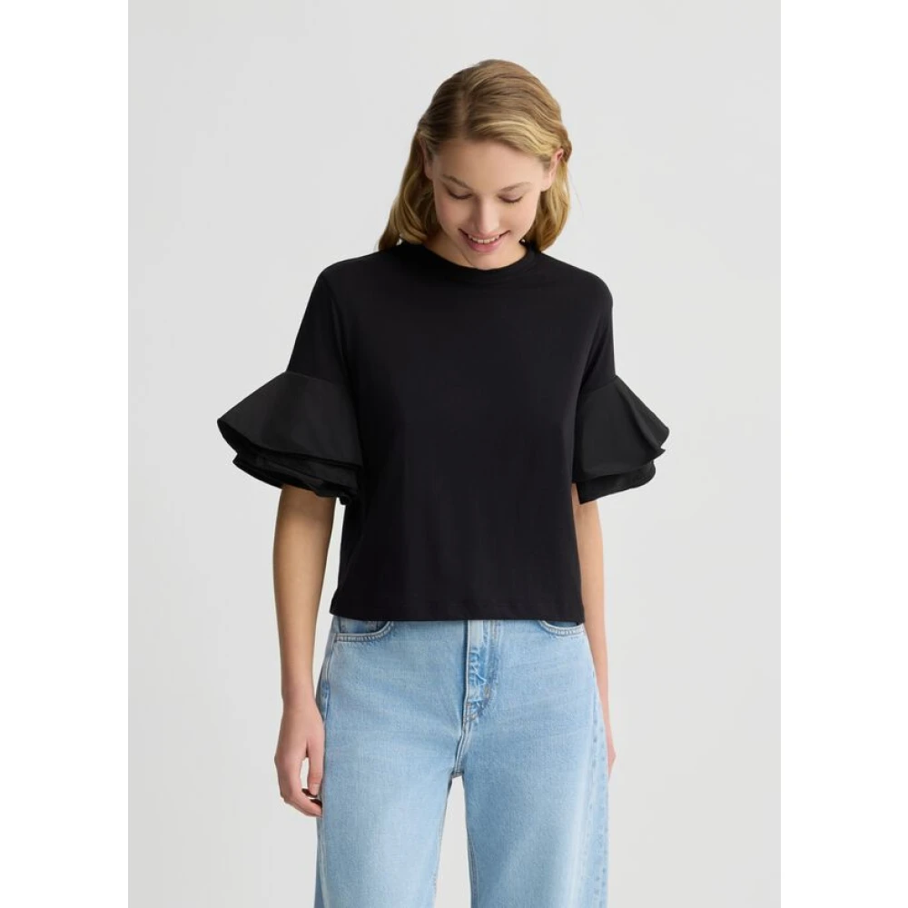 Liu Jo Zwarte katoenen T-shirt met taffeta ruches Black Dames