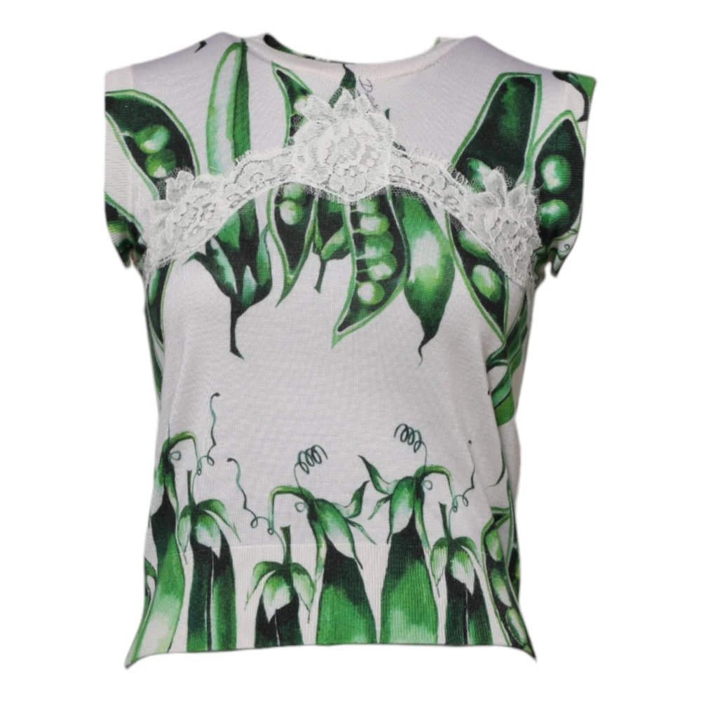 Dolce & Gabbana , Blouses, Female, Multicolor, 2XS, Green Pea Print Sleeveless Blouse Top