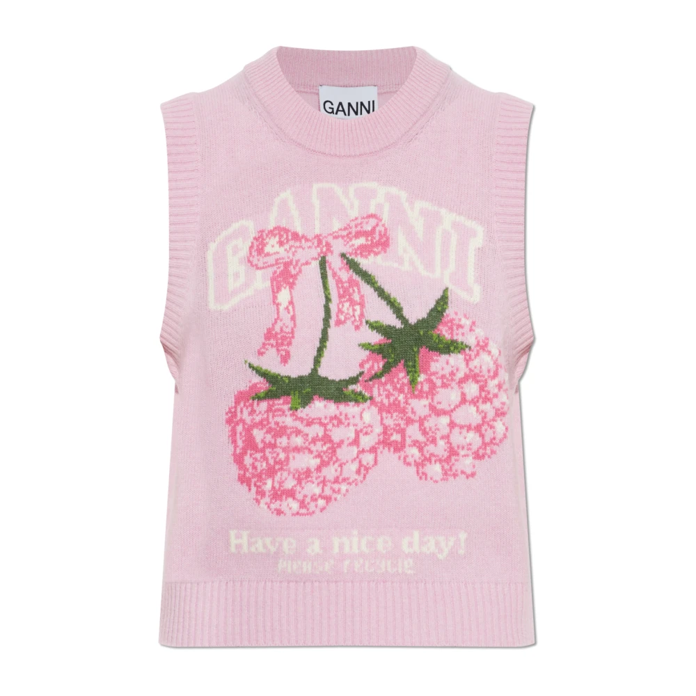Ganni Pink Logo Vest - Female - Round-Neck Knitwear - Xs - Knitwear