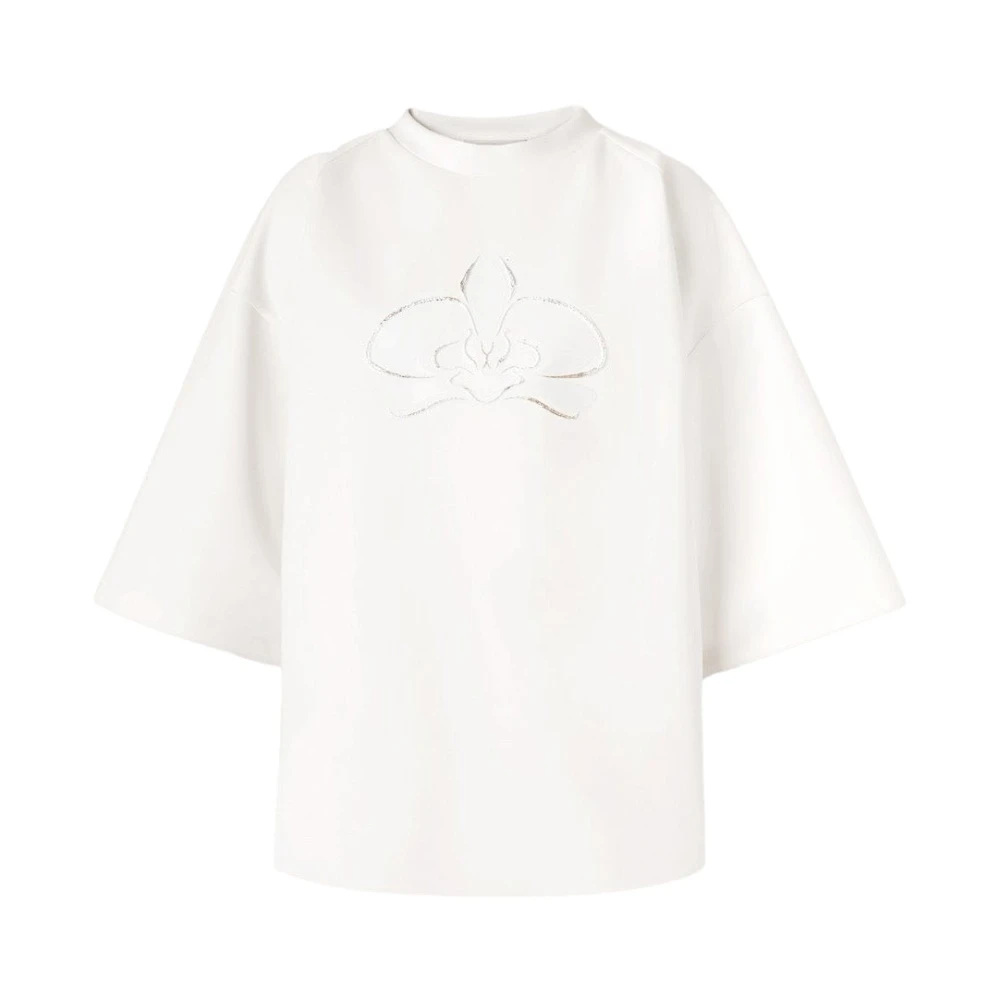 Genny Oversized Sweatshirt met Korte Mouwen en Strass Orchidee Detail White Dames