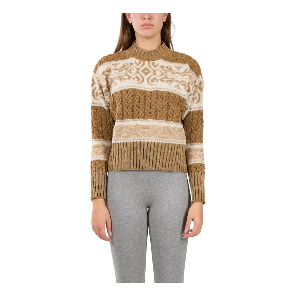 Akep Wollen gebreide trui met jacquard inzetstukken Brown Dames