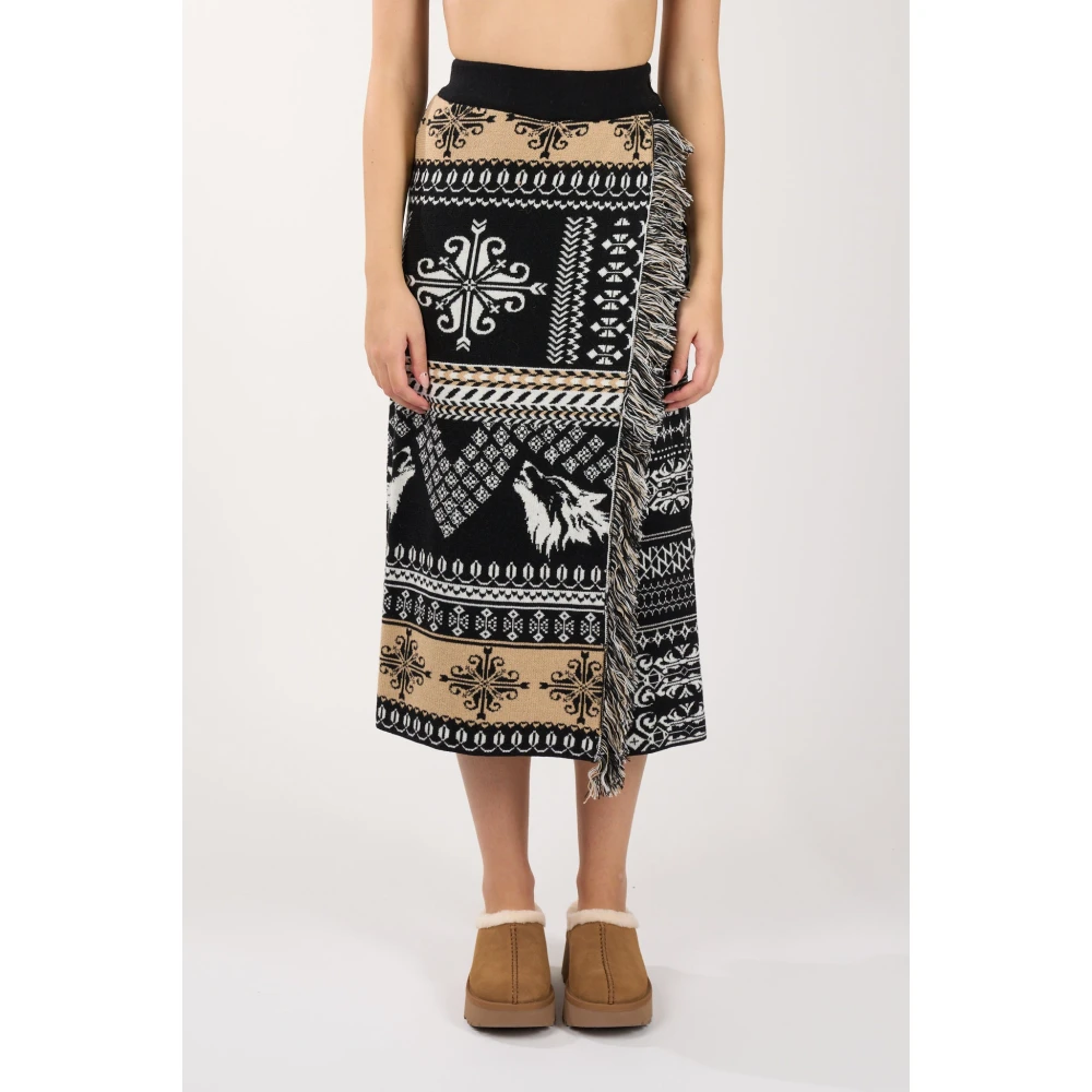 Akep Merino Wol Jacquard Midi Rok Black Dames