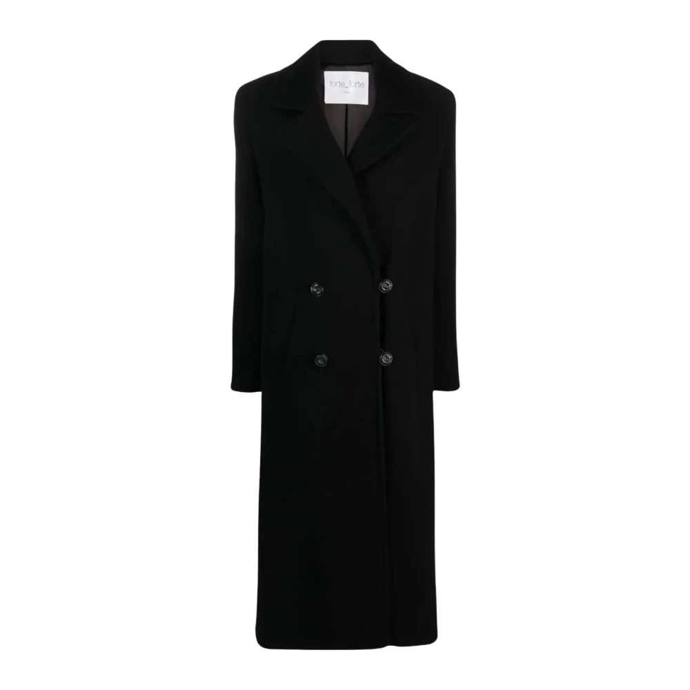 Forte Lange dubbelrijige jas met brede revers en hoge split achter Black Dames