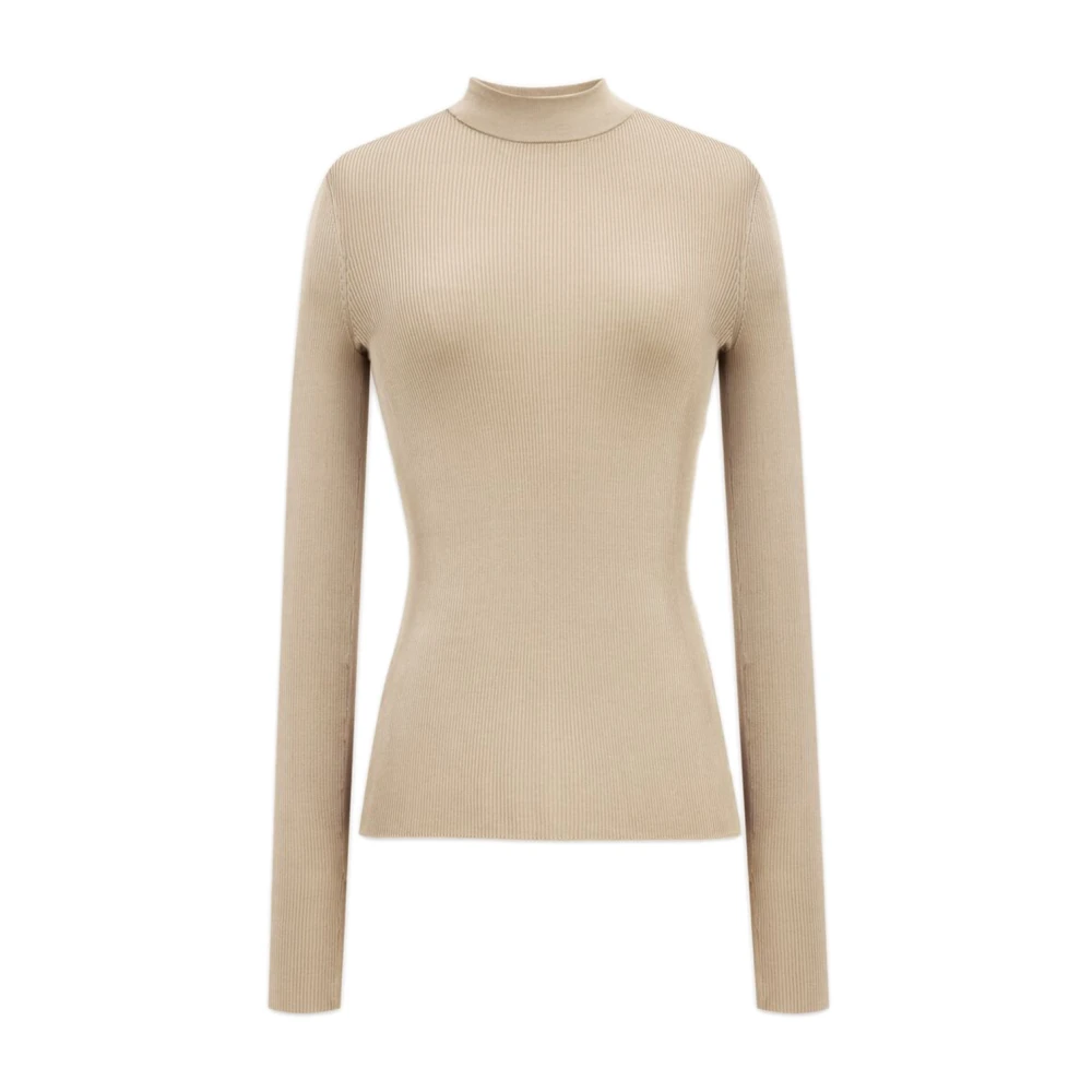 Saint Laurent Zijden Top met Hoge Hals en Lange Mouwen Beige Dames