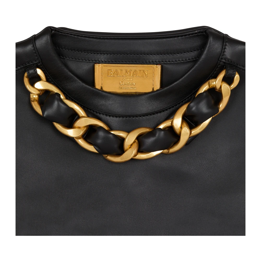Balmain Crewneck met rits van kalfsleer Black Dames