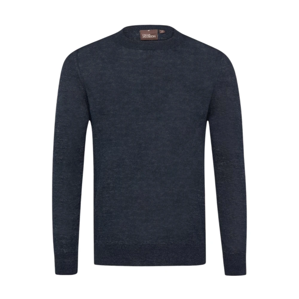 Oscar Jacobson Navy Linnen Ronde Hals Trui Valter Blue Heren