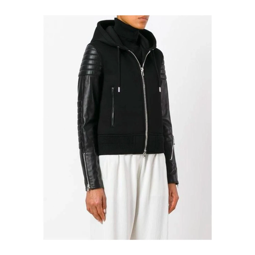 Givenchy Zwarte Hooded Jas met Lamshuid Inzetstukken Black Dames