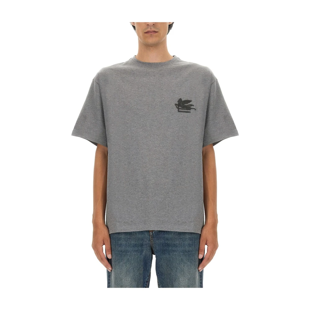 ETRO Pegasus Geborduurd Stijlvol Katoenen T-Shirt Gray Heren