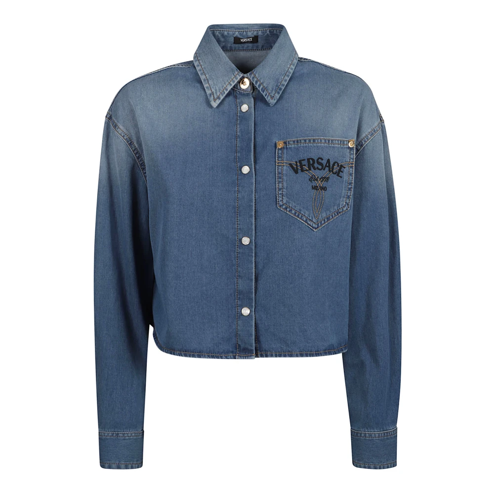 Versace Denim Logo Geborduurde Stone Wash Shirt Blue Dames