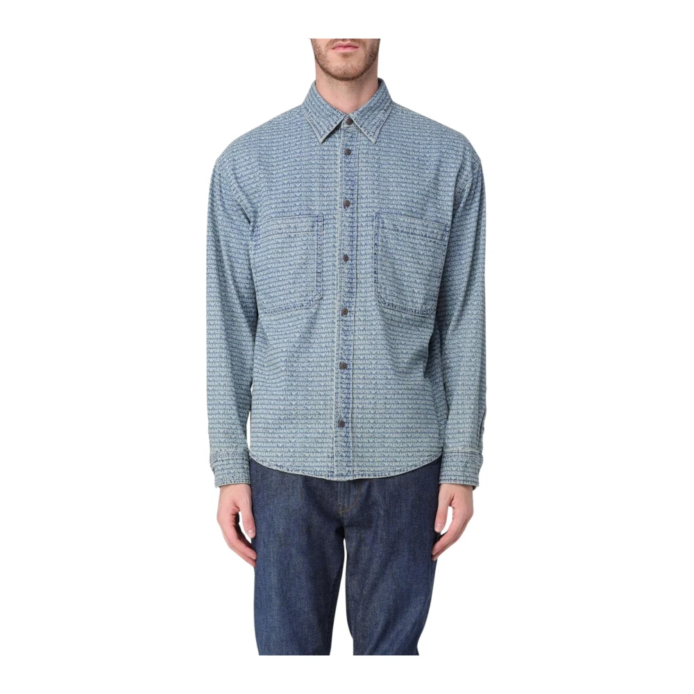 Emporio Armani Uomo Blu Camicia In Cotone Stampato