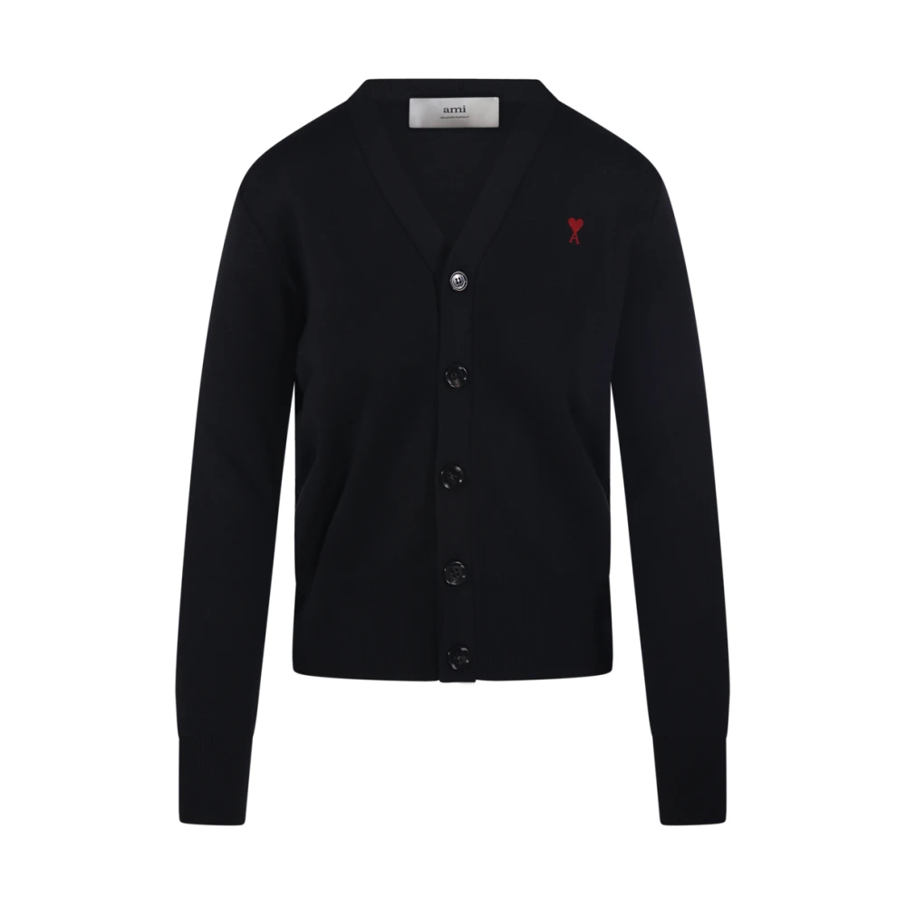 Ami Paris Women's Black Cardigans, S, Merino V-Neck Cardigan In /Red