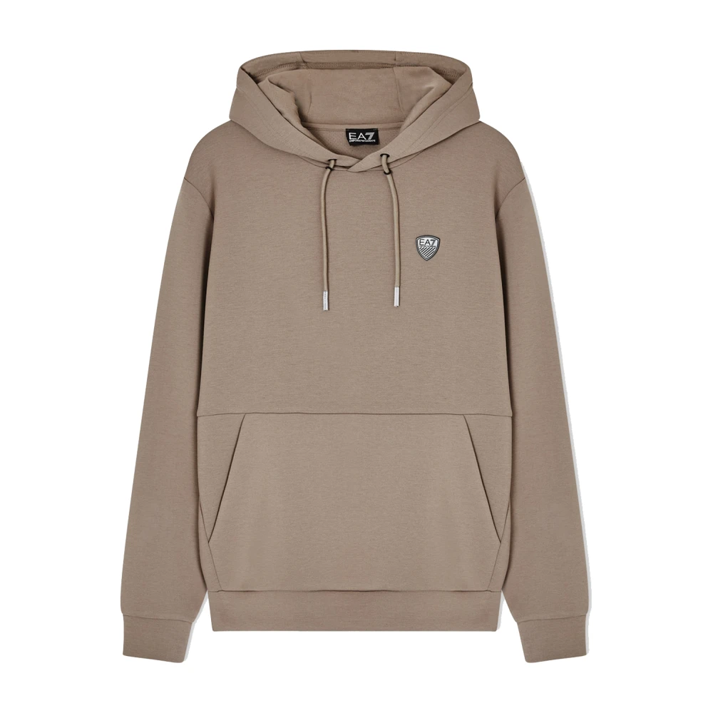 Emporio Armani Ea7 Men's Beige Hoodies, M, Premium Shield Logo Pullover Hoodie