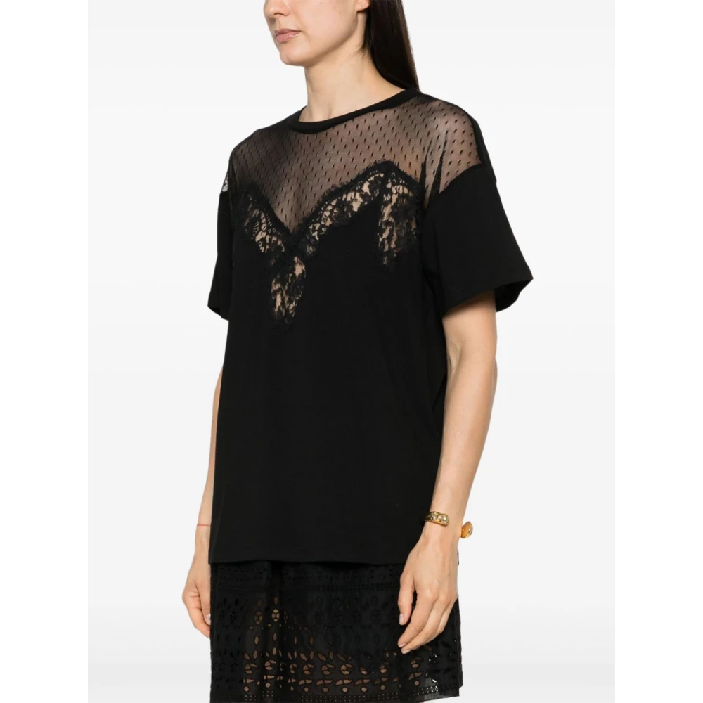 Ermanno Scervino Zwart T-shirt met bloemenkant en mesh-paneel Black Dames