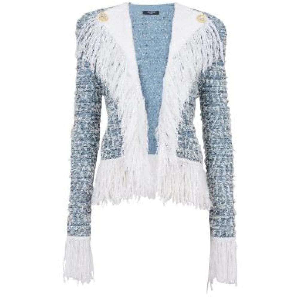 Balmain Blauwe Denim Tweed Jas met Franjes Blue Dames
