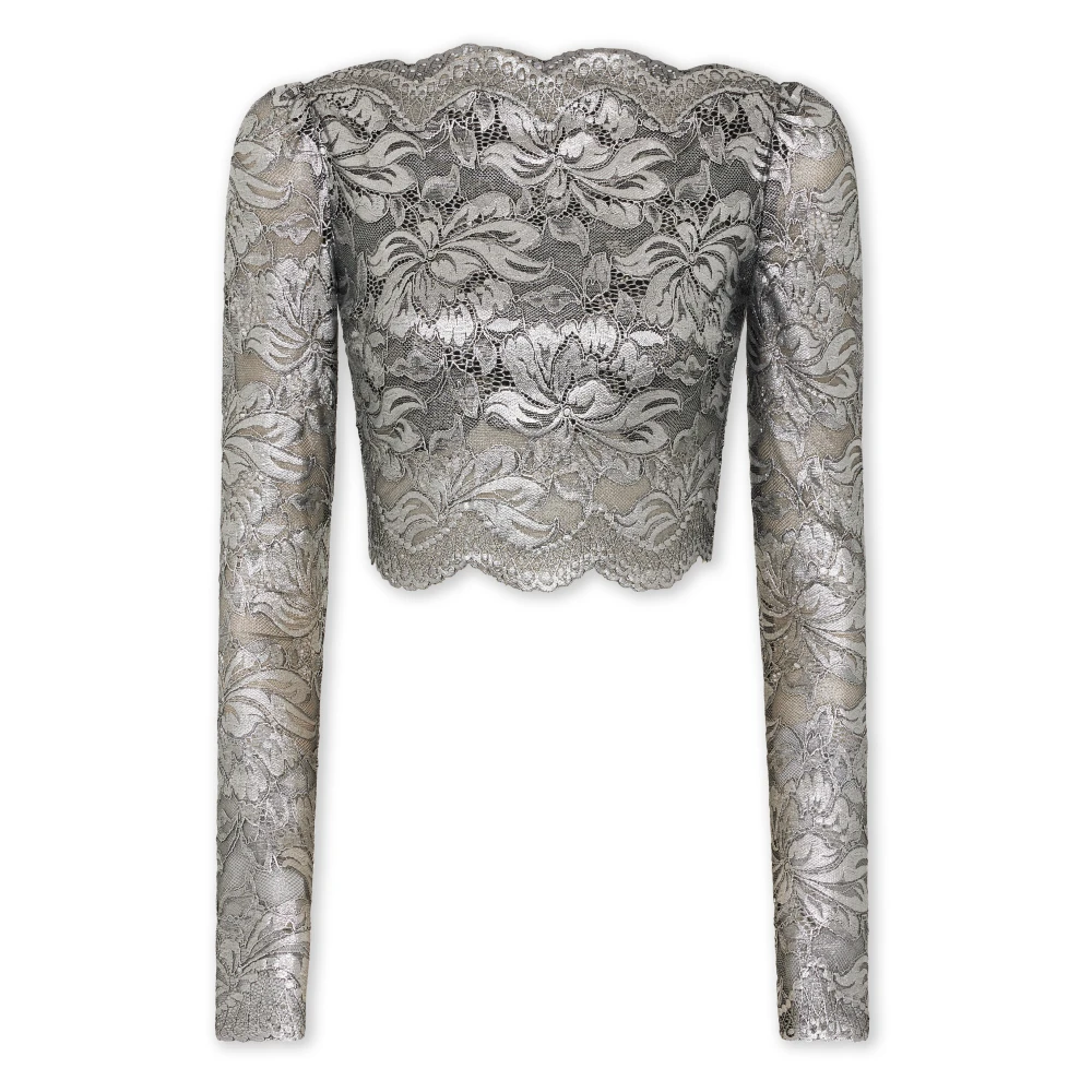 Rabanne Women's Gray Blouses, S, Lace Boat Neck Cropped Top