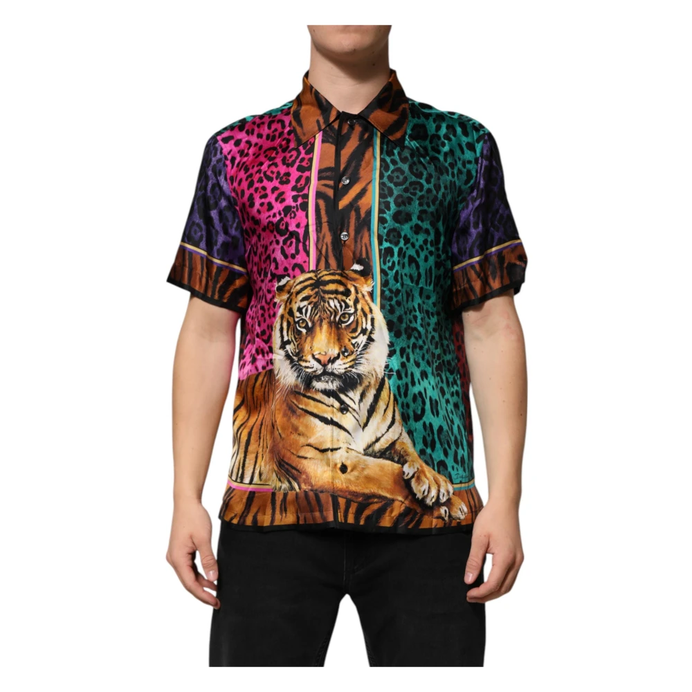 Dolce & Gabbana Men's Silk Tiger Print Hawaiian T-Shirt