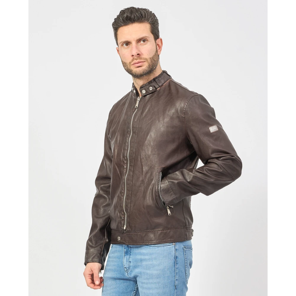 YES ZEE Bruine Leren Jas Fullzip Knopen Zakken Brown Heren