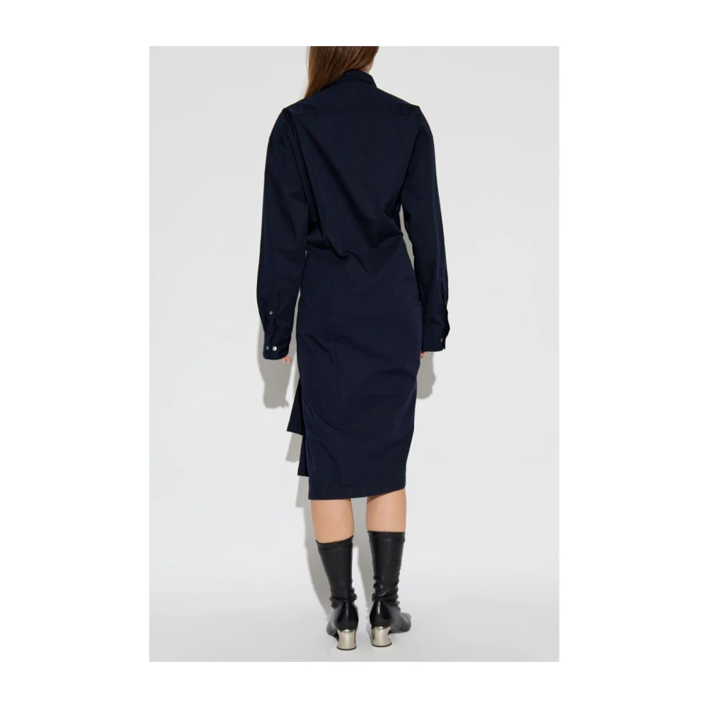 Dries Van Noten Katoenen Gabardine Knoopsluiting Jurk Blue Dames