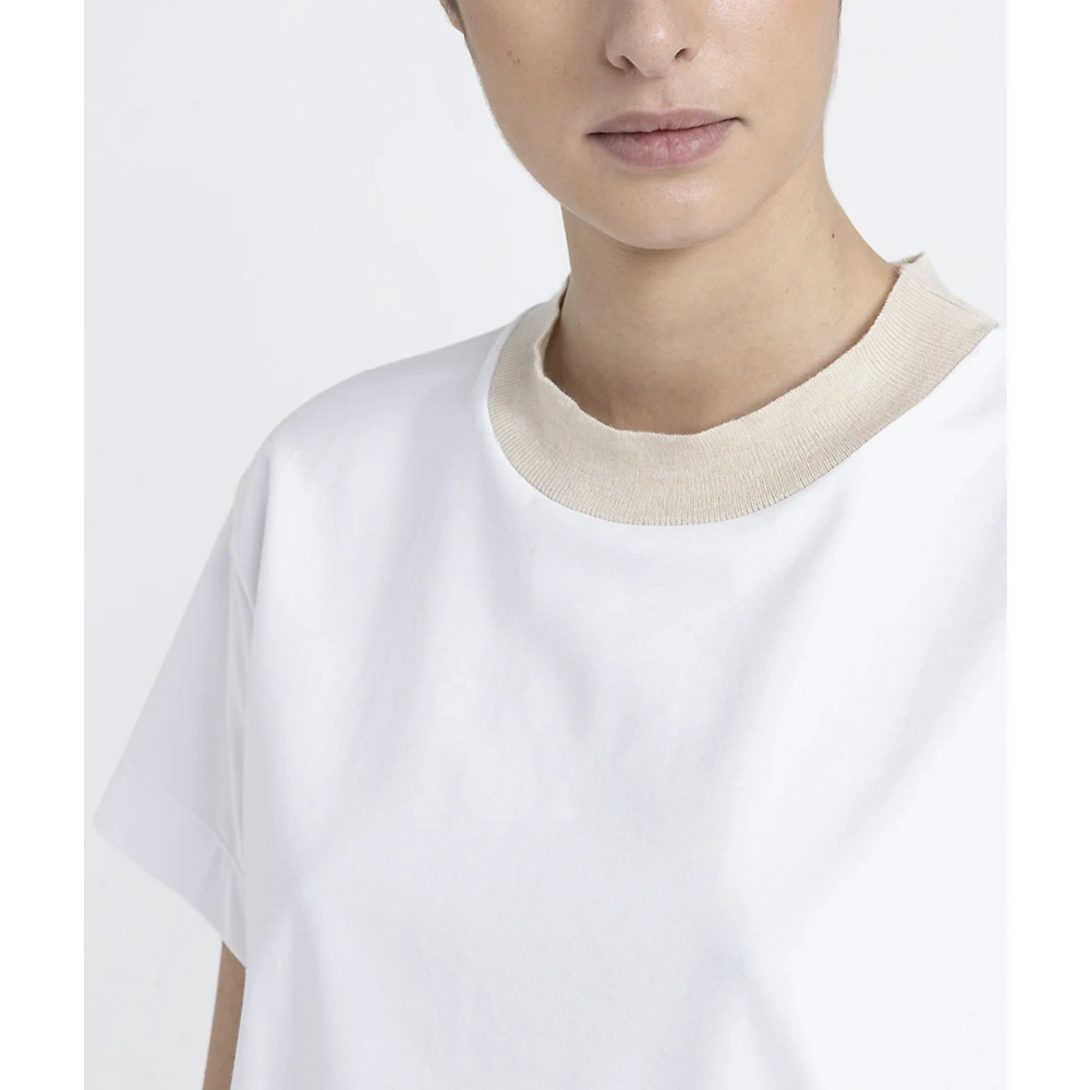 PESERICO Katoenen jersey T-shirt met tricot ronde hals White Dames