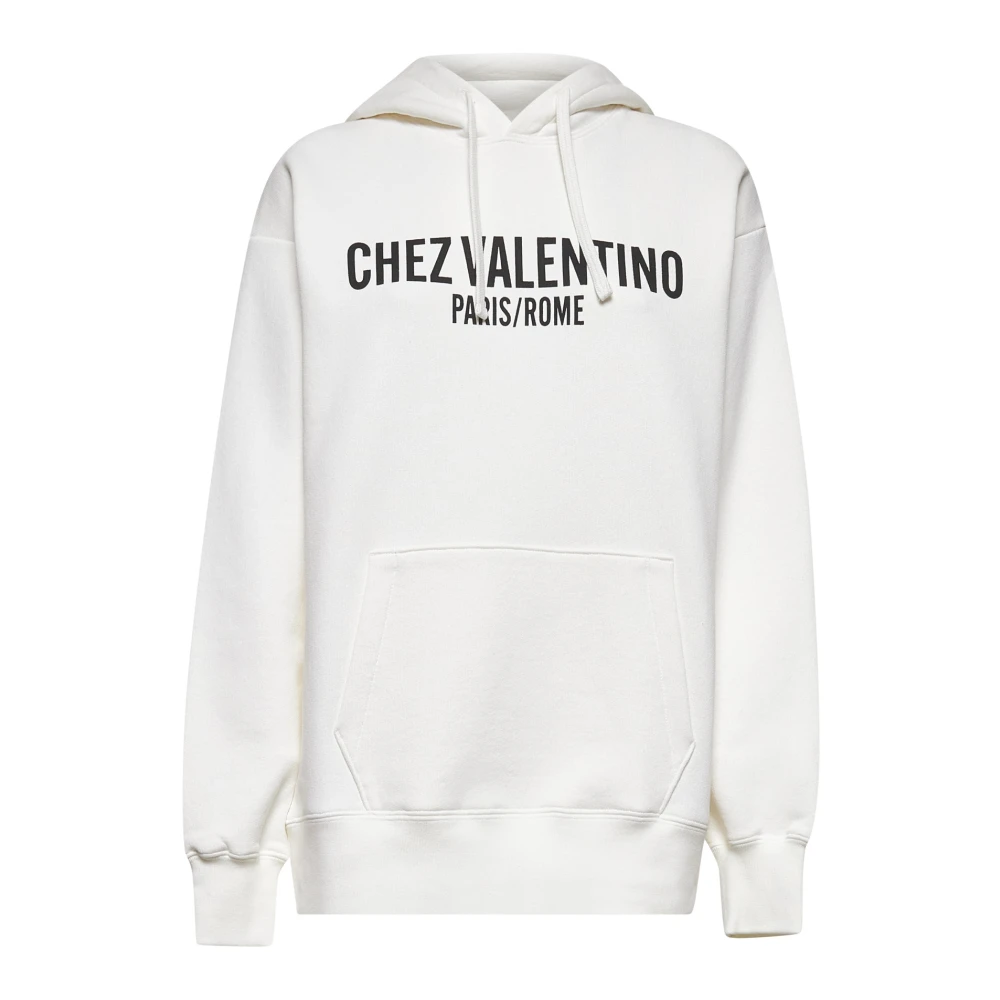 Valentino Women's White Hoodies, S, Ivory Jumper With Hood And Print