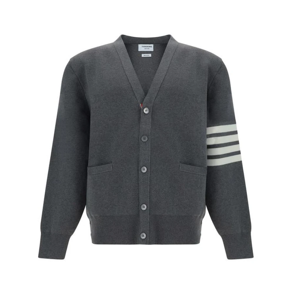 Thom Browne Men's Gray Cardigans, L, Cotton Crepe 4-Bar Milano Stitch Cardigan
