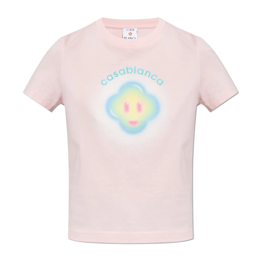 Casablanca Women's Pink T-Shirts, L, Airbrush Smiley Fitted Short Sleeve T-Shirt
