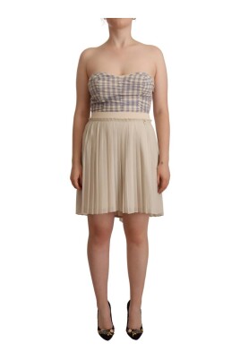 beige-checkered-pleated-a-line-strapless-bustier-dress