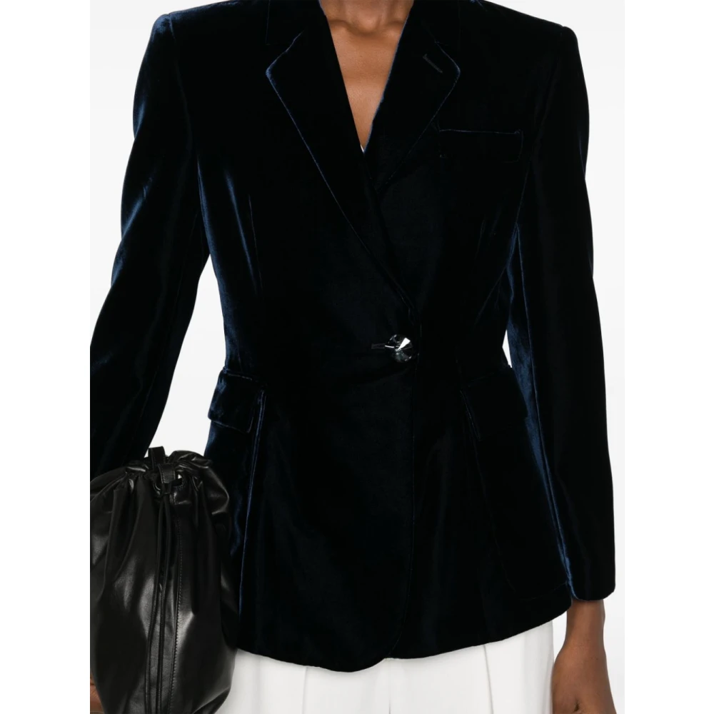 Giorgio Armani Blauw Fluweel Jas Kristal Knoop Voorkant Blue Dames