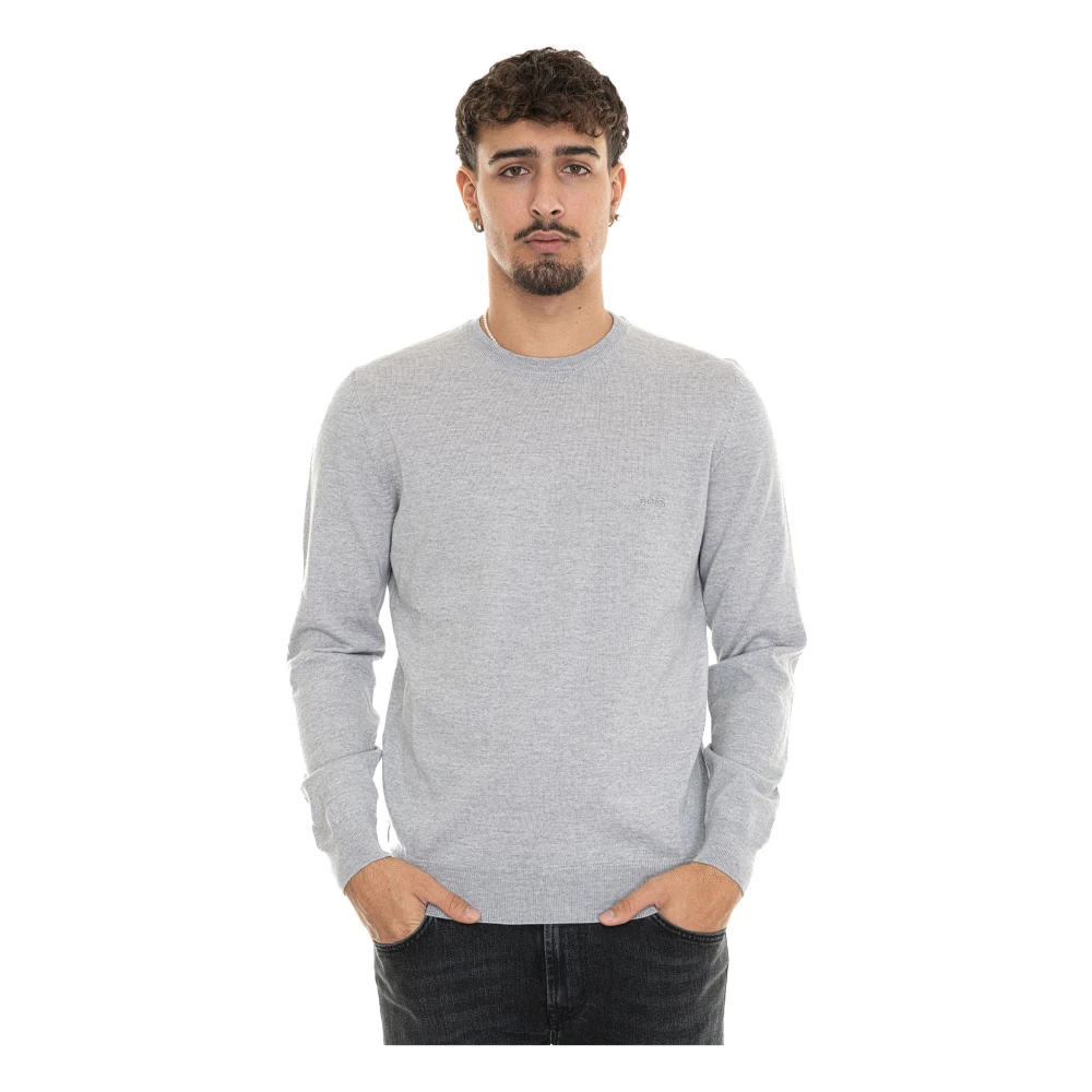 Boss Ronde-hals wollen trui met logo Gray Heren