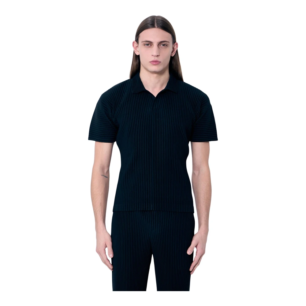 Issey Miyake Geplooide Polo Top Korte Mouw Ronde Hals Black Heren