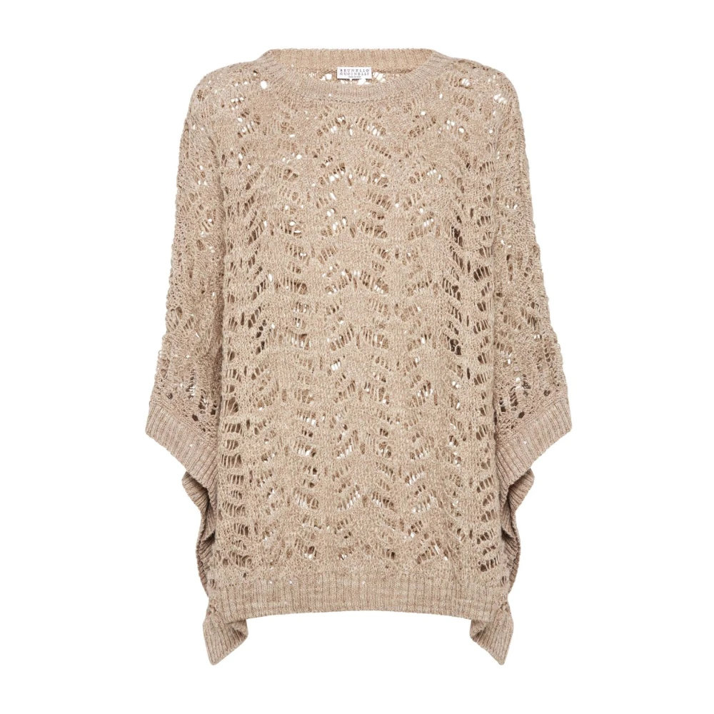 BRUNELLO CUCINELLI Beige Pailletten Gebreide Poncho Trui Beige Dames