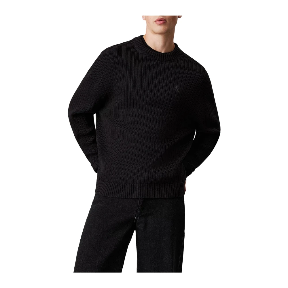 Calvin Klein Zwarte Geribbelde Trui Lineaire Stijl Black Heren