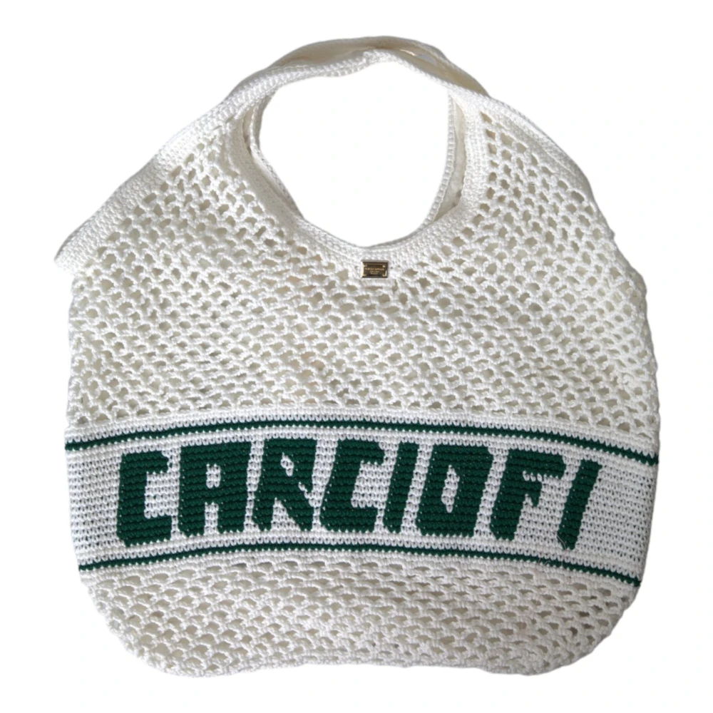 Dolce & Gabbana Women's White/Green Knitted Cotton Logo Shopping Tote Bag