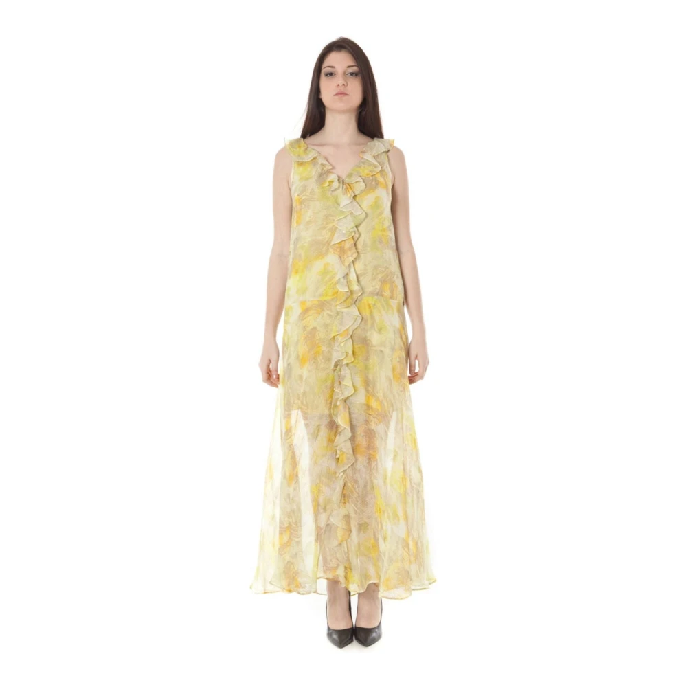 John Galliano Gele Lange Jurk Brede Schouder Halslijn Yellow Dames