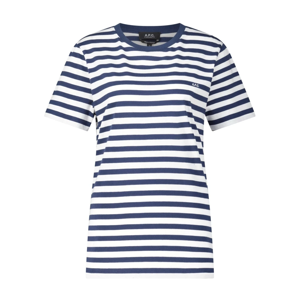A.p.c. Gestreept katoenen T-shirt met logoborduursel Blue Dames