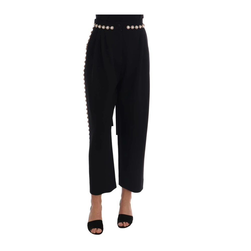 Dolce & Gabbana Women's Black Wool Stretch Crystal Trousers - Wide Trousers - Xs - Trousers