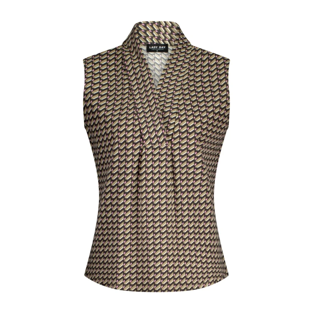 Lady Day Naomi Studio Print Top Mouwloos V-Hals Beige Dames