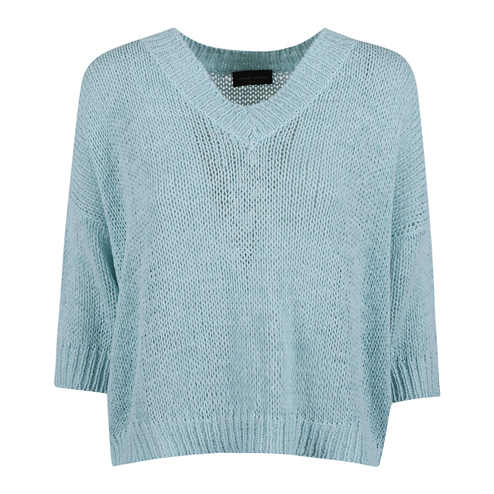 Roberto Collina Koraal V-hals Katoenmix Trui Blue Dames
