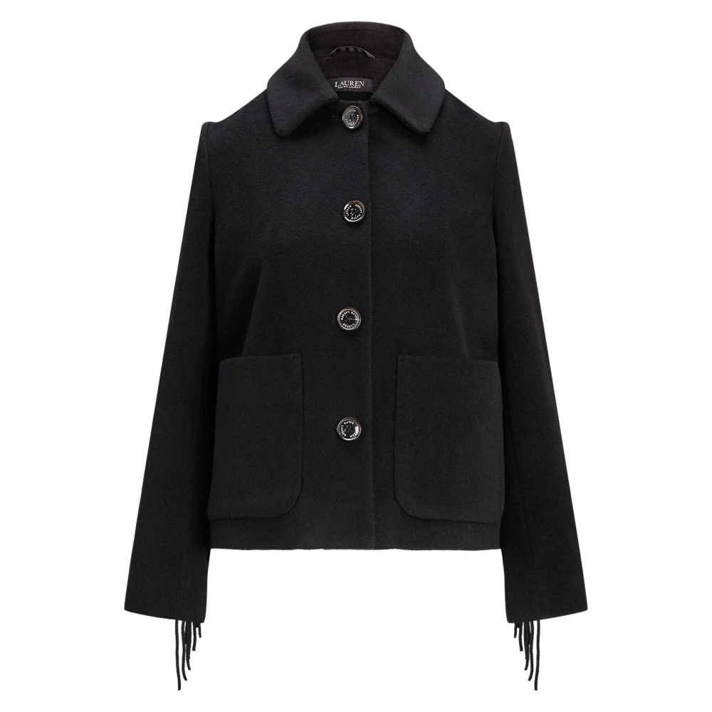 Ralph Lauren Zwarte Franje Wollen Jas Buitenkleding Black Dames