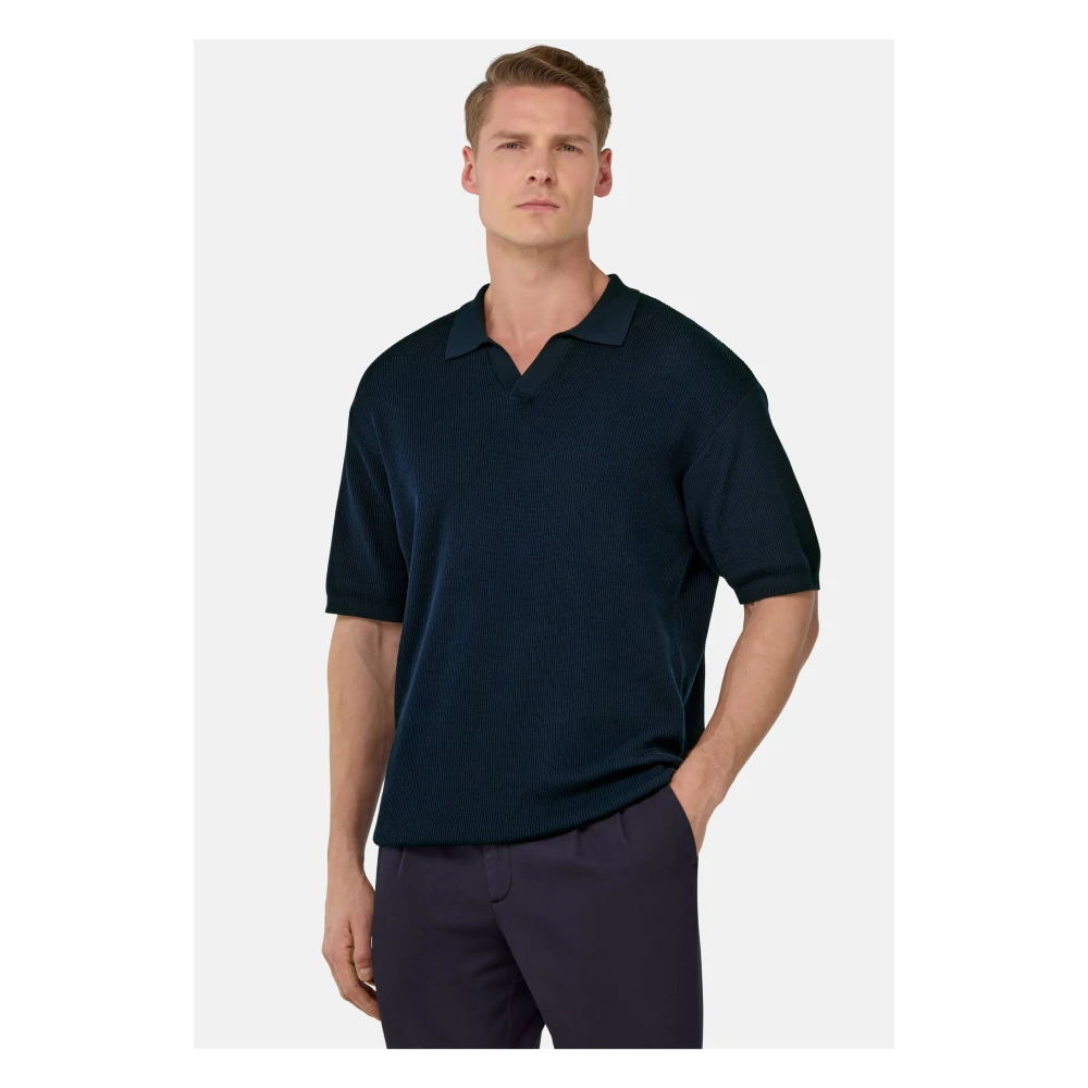 Boggi Milano Katoen en zijden gebreid poloshirt Blue Heren
