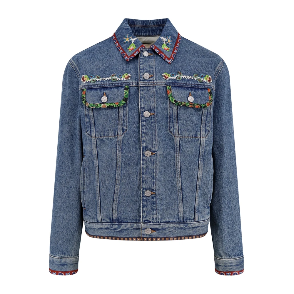 Valentino Men's Blue Embroidered Denim Jackets Wash Large