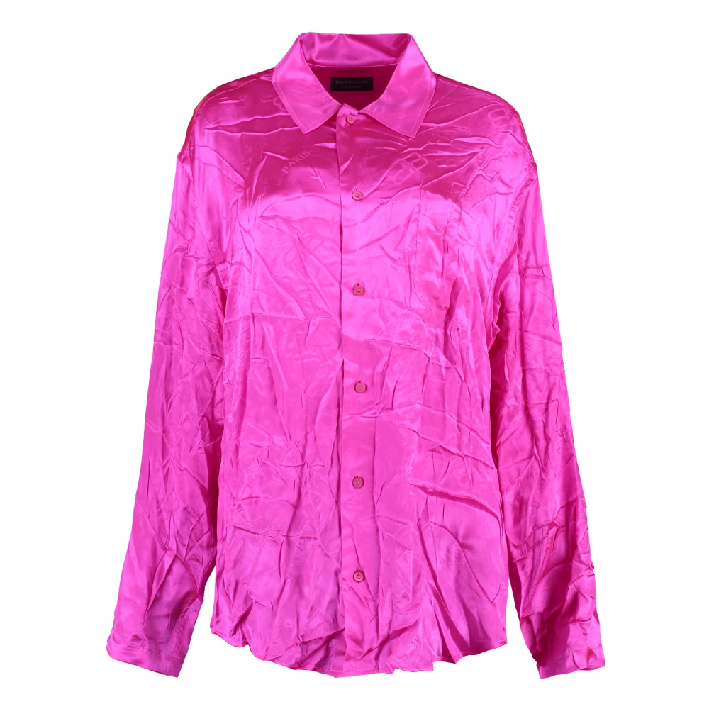 Balenciaga Zijden shirt met gekreukt effect en jacquardlogo Pink Dames