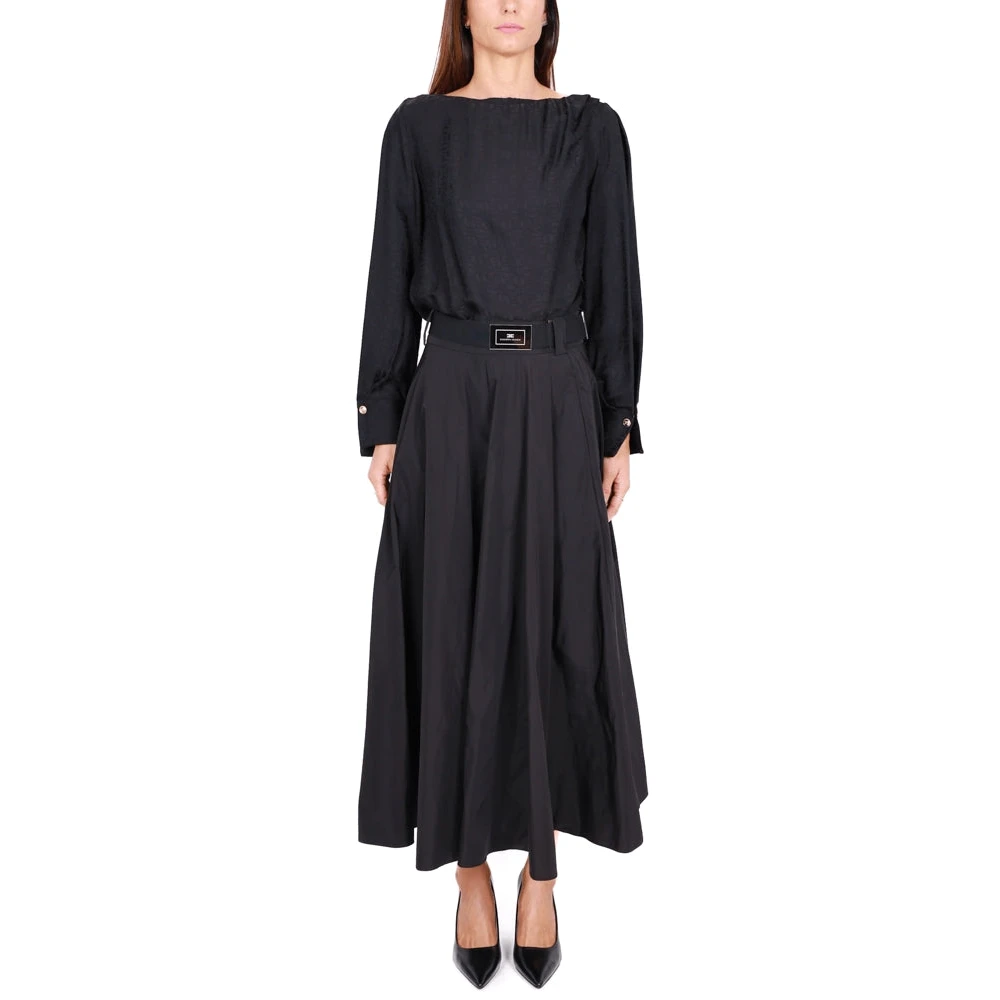 Elisabetta Franchi Elegante Lange Taffeta Rok Zwart Black Dames