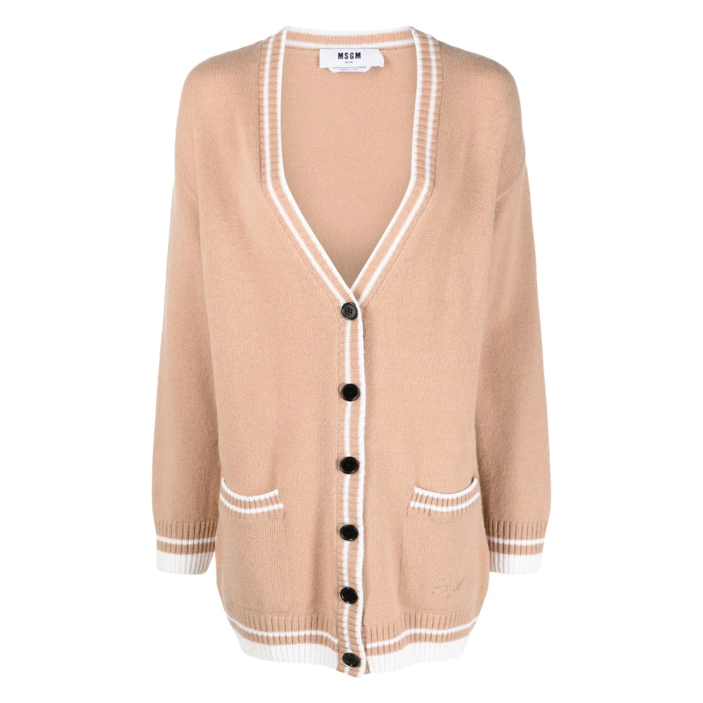 Msgm Women's Beige Contrasting-Trim V-Neck Cardigan - Cardigans - S - Knitwear