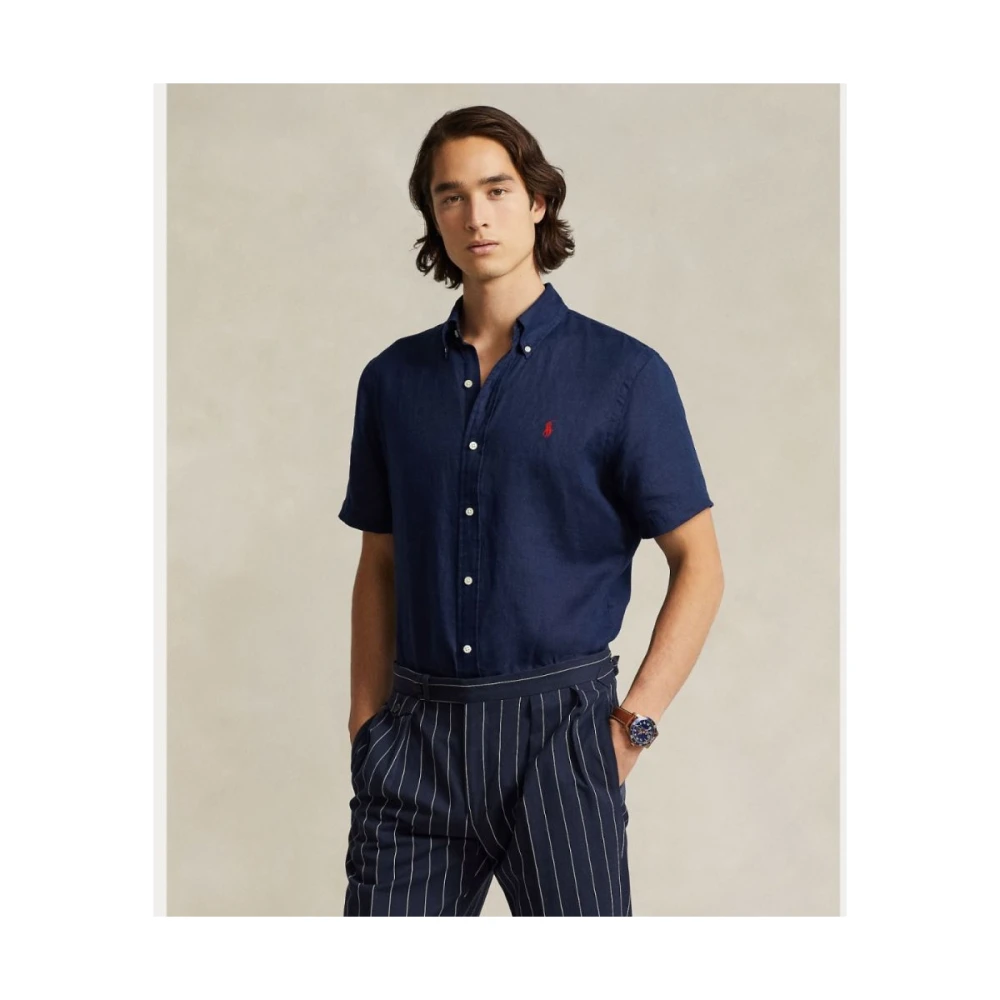 Ralph Lauren Marineblauw Linnen Custom Fit Shirt Blue Heren