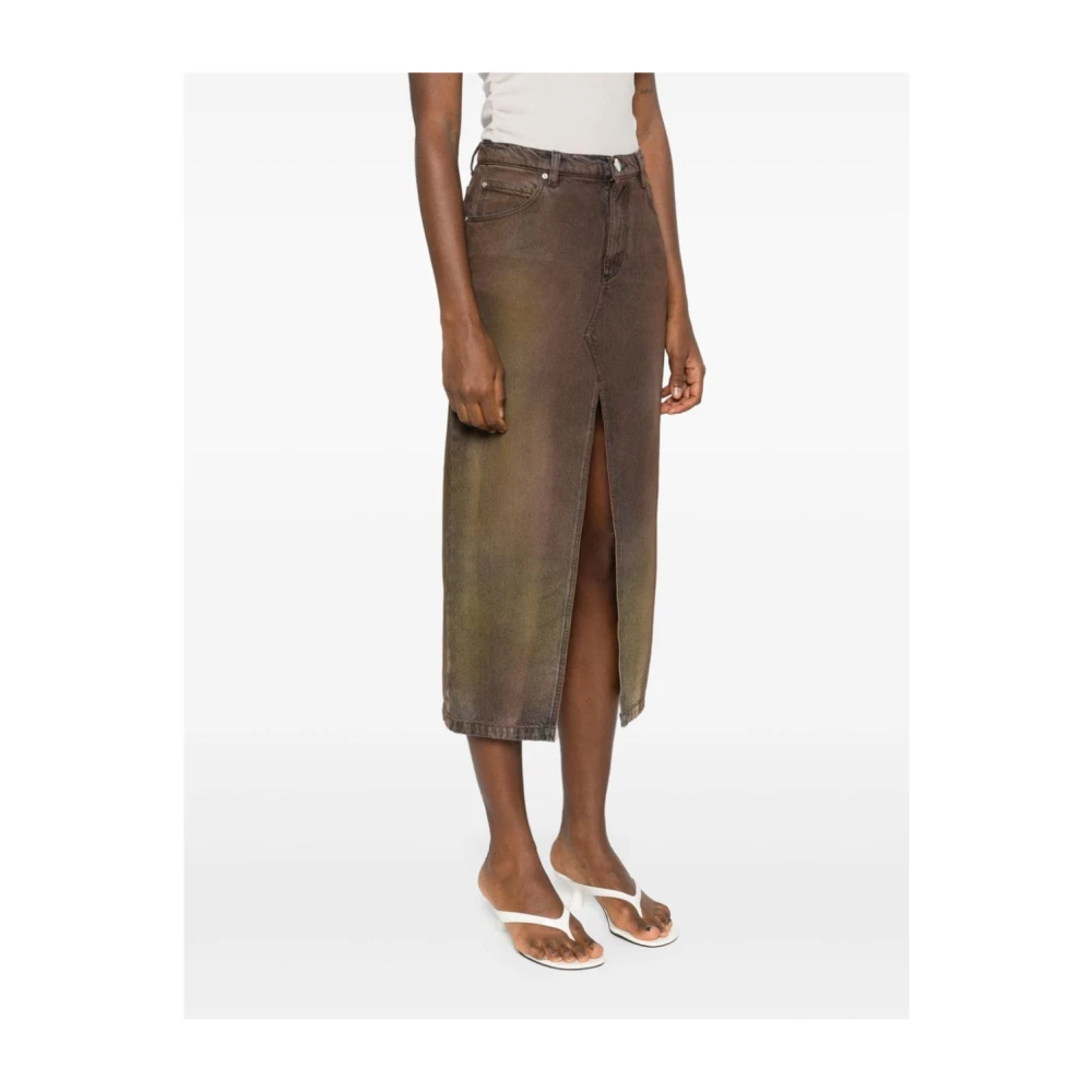 pinko Denim Midi Rok met Logo Patch Brown Dames