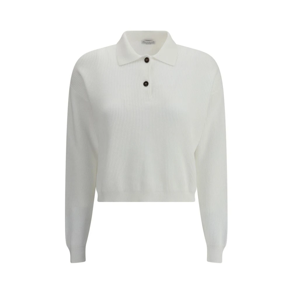 BRUNELLO CUCINELLI Elegante Katoenen Gebreide Trui met Klassieke Kraag White Dames