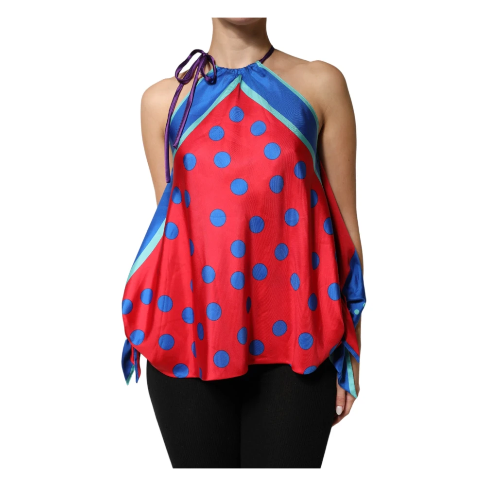 Dolce & Gabbana Multicolor Sleeveless Tops, Female, 2XS, Polka Dot Tie Halter Blouse Top