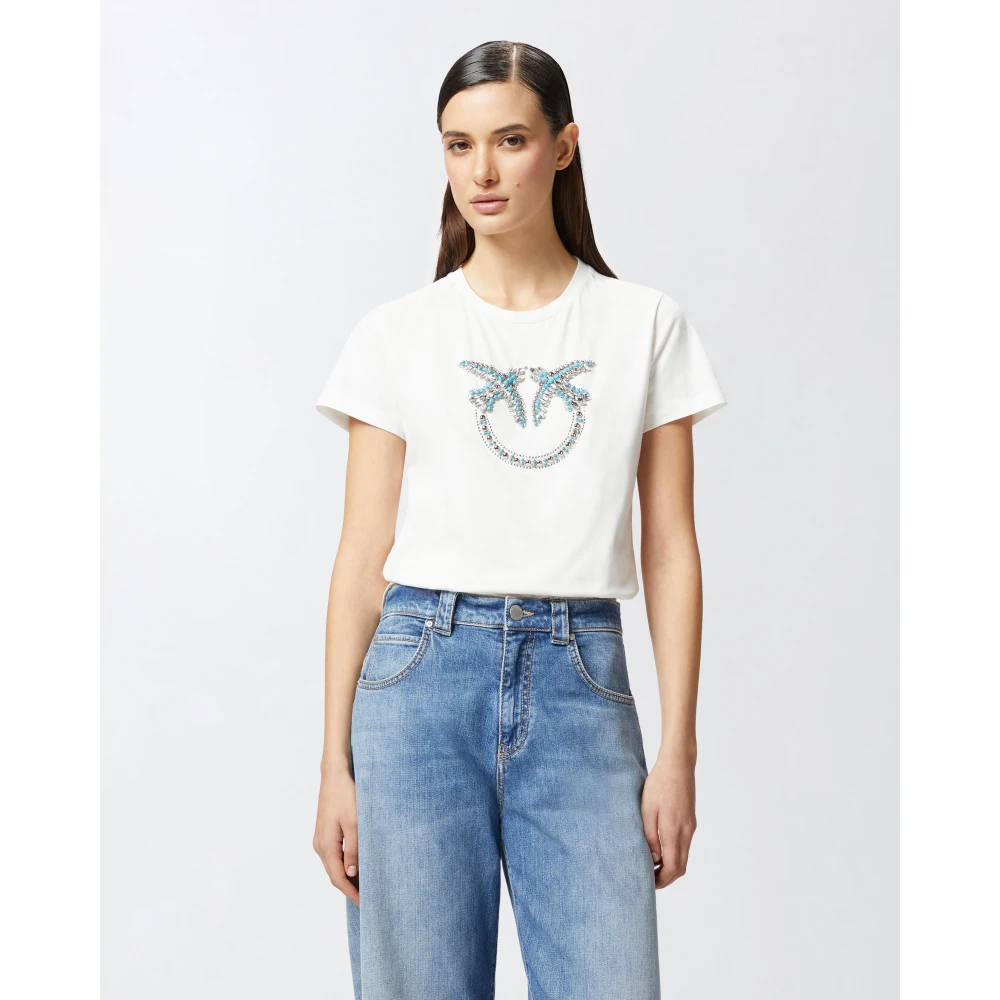 pinko Love Birds Geborduurde T-shirts White Dames